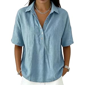 Cotton Linen Tops for Women 2026 Summer Half Sleeve V Neck Henley Shirt Gauze Dressy Fashion Casual Blouses Clothes