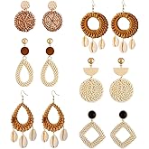 4 Pairs Rattan Earrings for Lightweight Geometric Personalized Earrings Handmade Straw Wicker Braided Teardrop Hoop Dangle Earrings for Women
