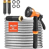 VEVOR Garden Hose Metal 75 ft, Rust Proof Stainless Steel Water Hose, Heavy Duty Backyard Hose with 10 Function Nozzle, No-Kink & Flexible Water Pipe, Lightweight Metal Hose for Yard, Outdoor