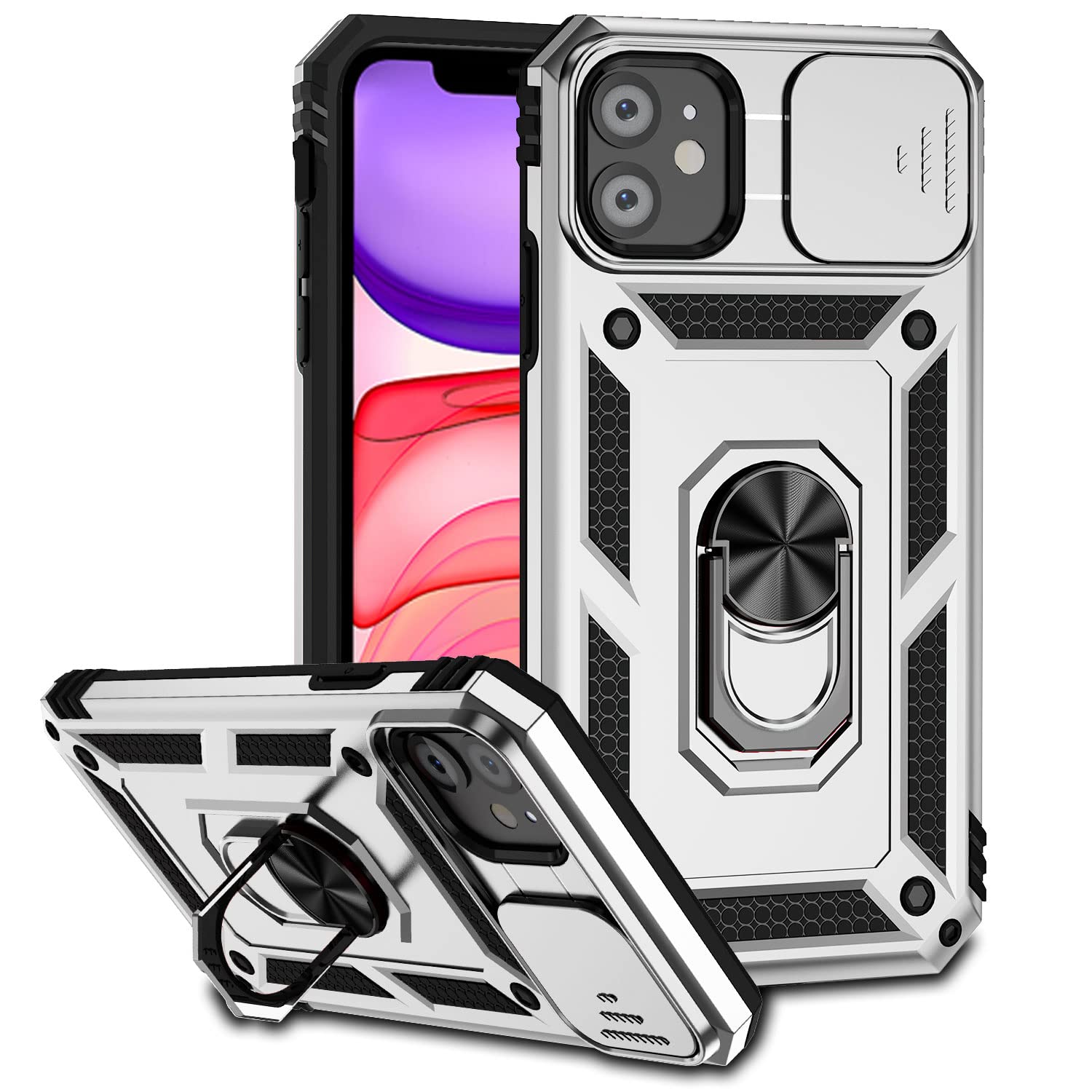 Hitaoyou Compatible with iPhone 11 Case 6.1", iPhone 11 Magnetic Case with Camera Cover & Kickstand Military Grade Shockproof Cover Silver