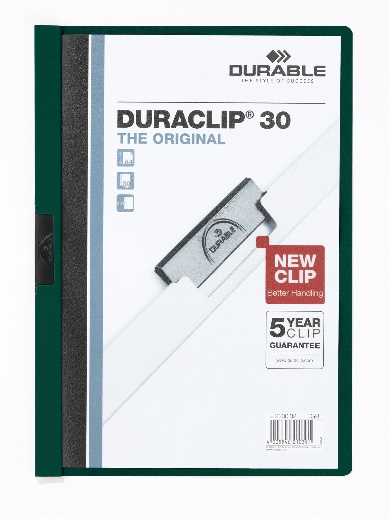 Durable DURACLIP 30 A4 Clip Folder - Holds Up to 30 Sheets of A4 Paper - Strong Metal Sprung Clip - Pack of 25 Dark Green Colour Folders for Organising Documents