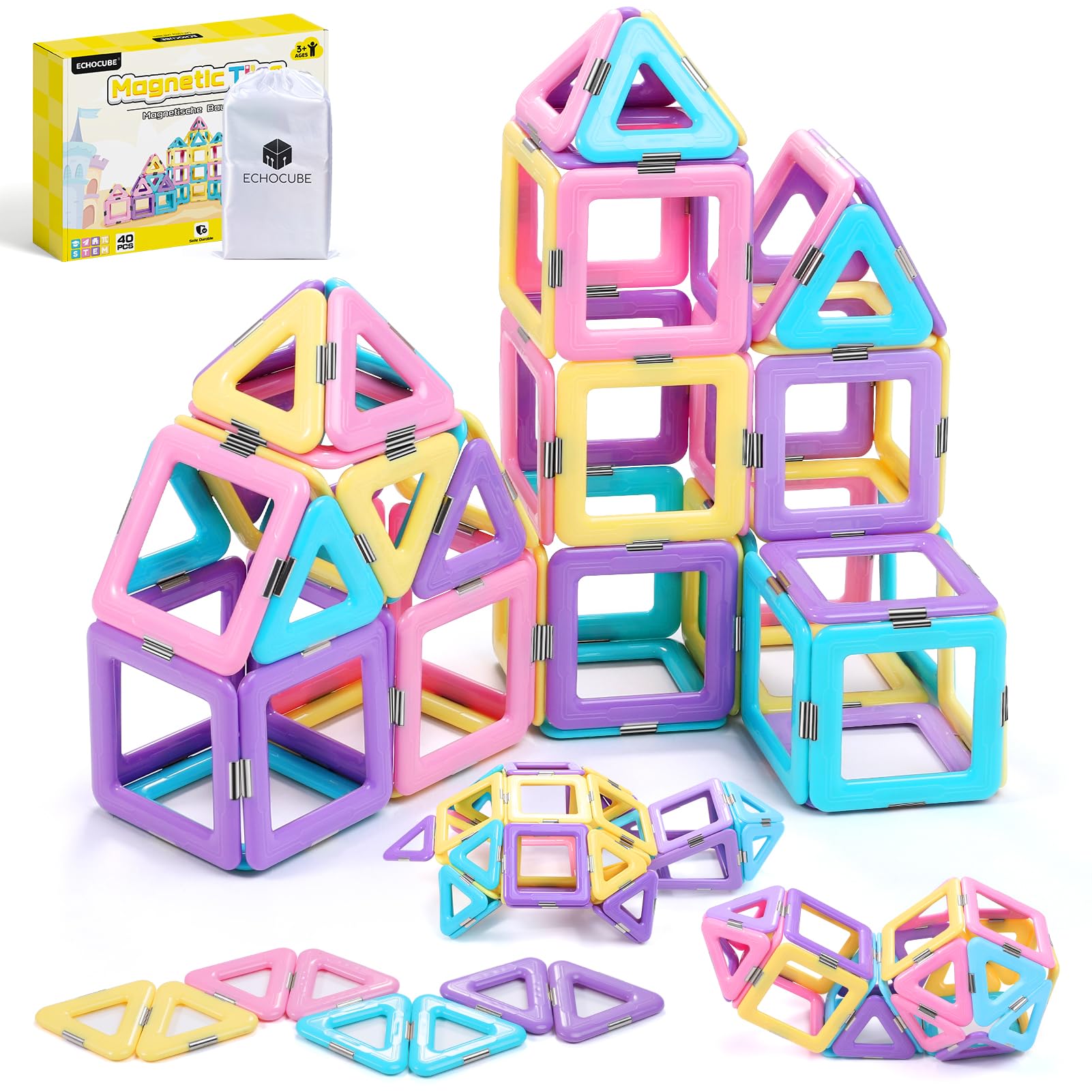 ECHOCUBE Building Blocks, 40 PCS Magnetic Tiles Construction Toys for Kids, Creative Learning Magnetic Blocks Gift Set for 3+ Year Old Boys and Girls
