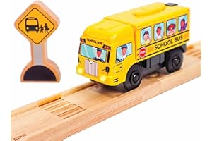 ZANY TRAINS Motorized School Bus for Wooden Track - Yellow Schoolbus Themed Battery Operated - Includes Wooden Bus Stop Sign - Electric Powered Engine Toy for Wood Track for Kids
