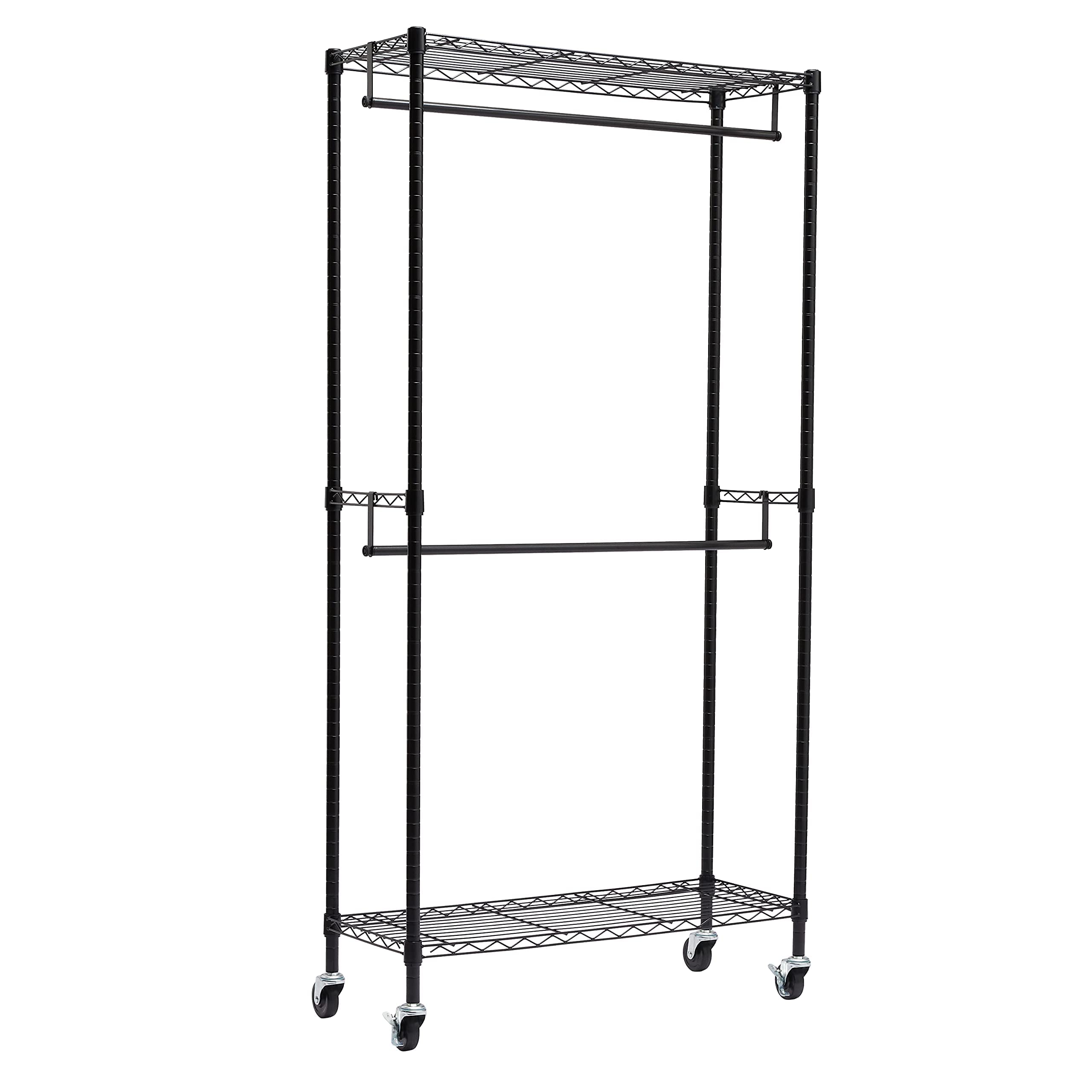 Amazon Basics Double Rod Garment Rack / Clothes Rail with Height-Adjustable Shelves - 181kg Max Weight, Black, 91 x 36 x 183 cm