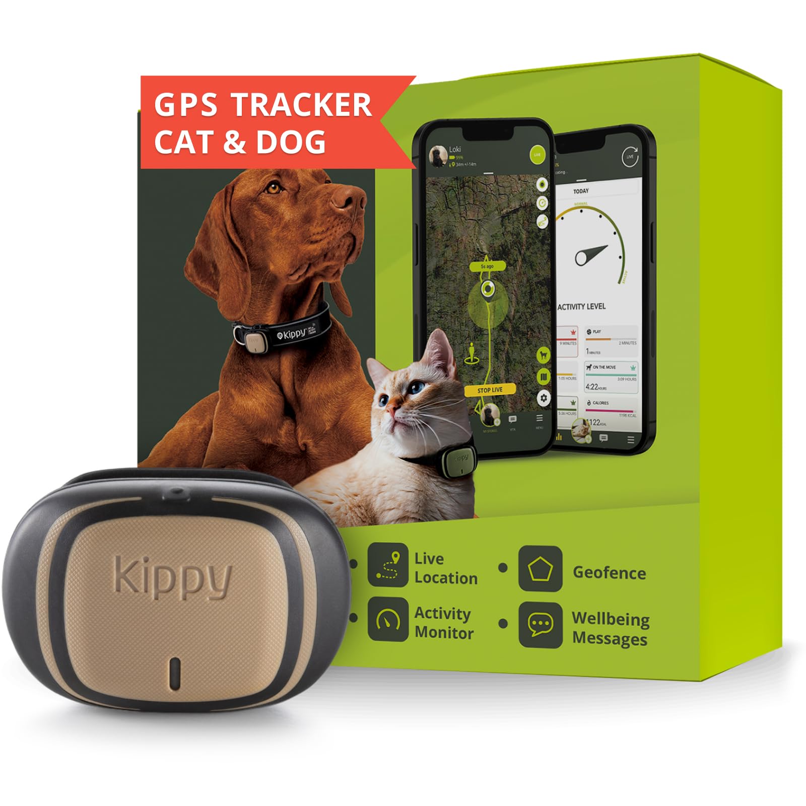 KIPPY GPS Pet Tracker Collar Evo - Health and Activity Tracker – Satellite Dog and Cat Locator with Instant Alerts and LED - Waterproof - Brown