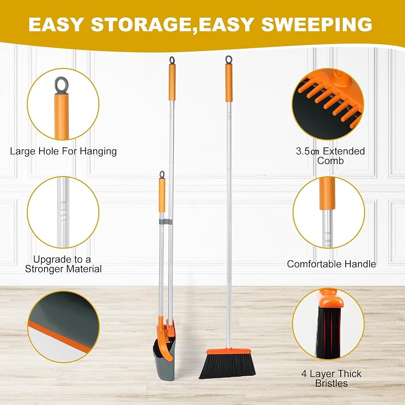 Set mit Besen und Kehrschaufel, ideal für eine effektive Reinigung zu Hause, 137 cm langer Griff (orange und grau)