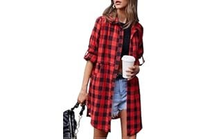 HOTOUCH Womens Flannel Plaid Shirts Roll Up Long Sleeve Mid-Long Casual Boyfriend Shirts with Pockets