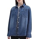 ZMTUO Women's Denim Button Down Shirts Oversized Long Sleeve Double Pocket Jean Shirt