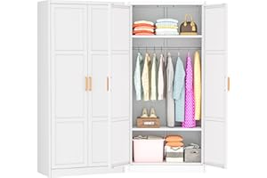 Greenvelly Metal Wardrobe Cabinet with Wooden Handle, 72" Metal Wardrobe Closet with Hanging Rods and Adjustable Shelves, Clothing Storage Closet Cabinet for Home, Office, Employee, Gym (White)