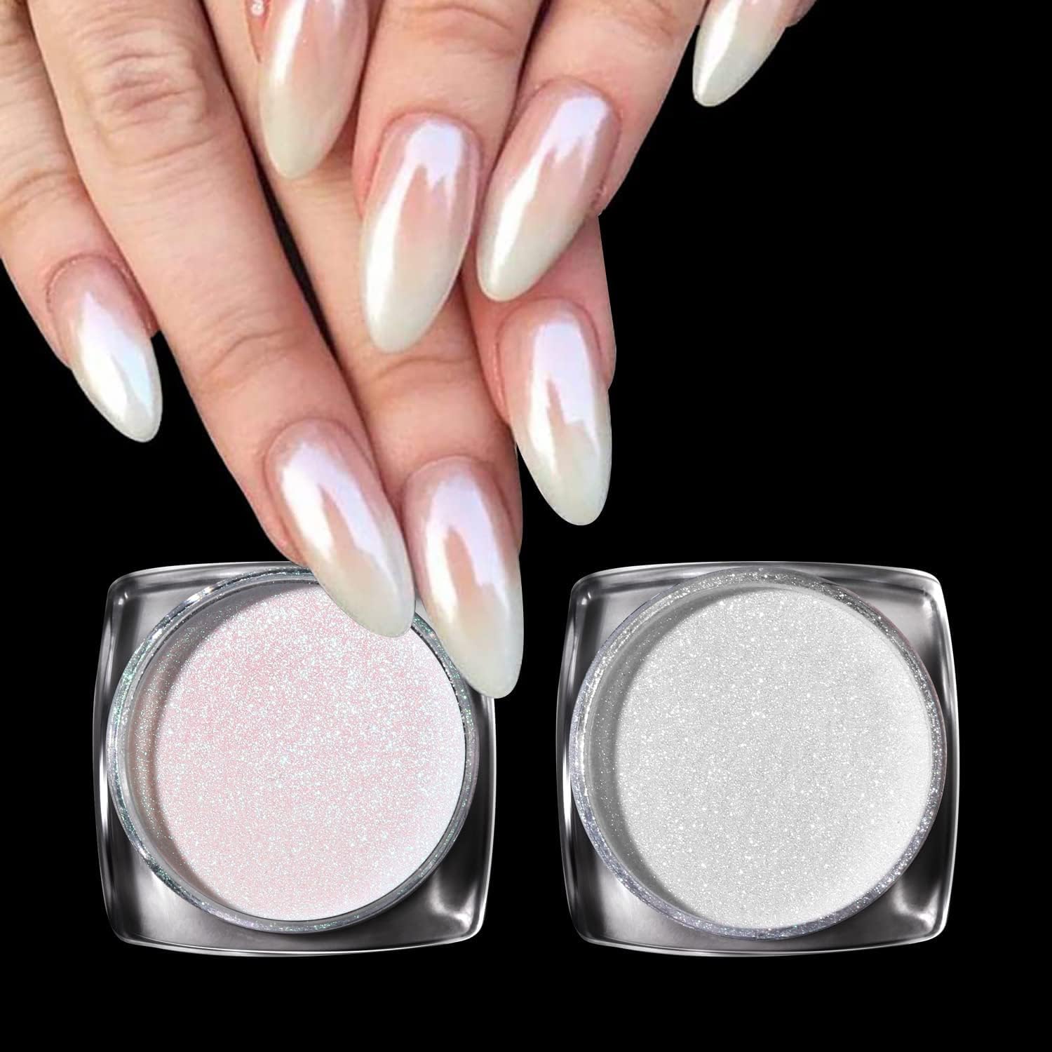 BISHENGYF 2Pcs White Pearl Chrome Nail Powder – Neon Glassy Nail Chrome Powders, Ice Shimmer Green Aurora Mirror Nail Pigment Powder Glazed Donut Holo Glitter Powder, Nail Art DIY Salon Design Decora