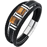 STARCHENIE Multi Strand Bracelet for Men Square Authentic Tiger Eye Black Braided Leather Mens Bracelet and Stainless Steel Buckle