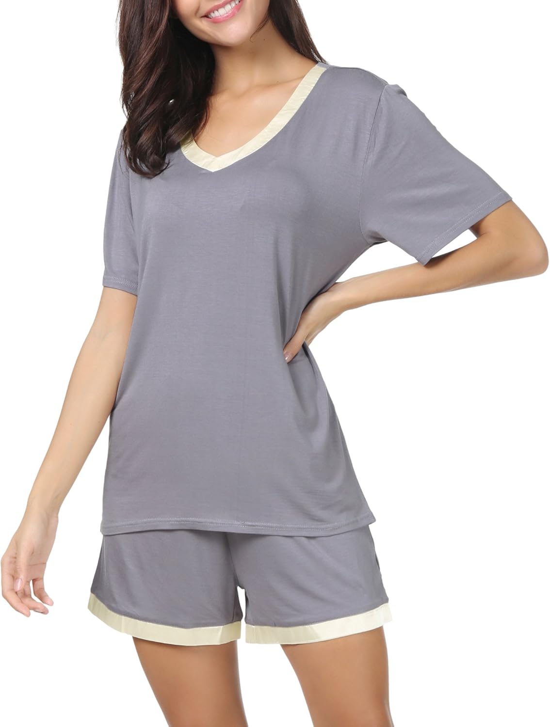 Invug Women Nightwear Short Sleeve Shirt and Shorts Pajama Set V Neck Sleepwear at  Women’s Clothing store