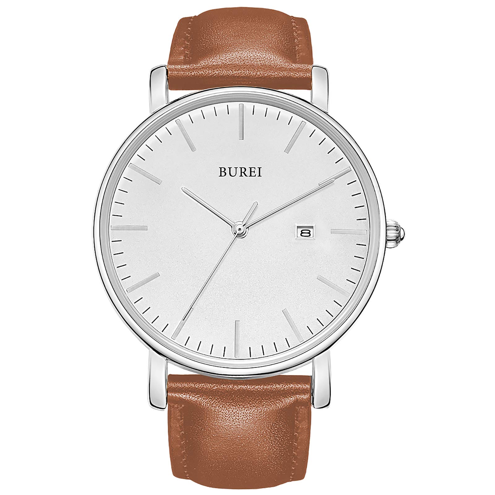 BUREI Men's Watches, Classic Analogue Dial with Date Japanese Quartz and Ultra-Thin Stainless Steel Mesh Band (Silver Brown, Leather) — image 1