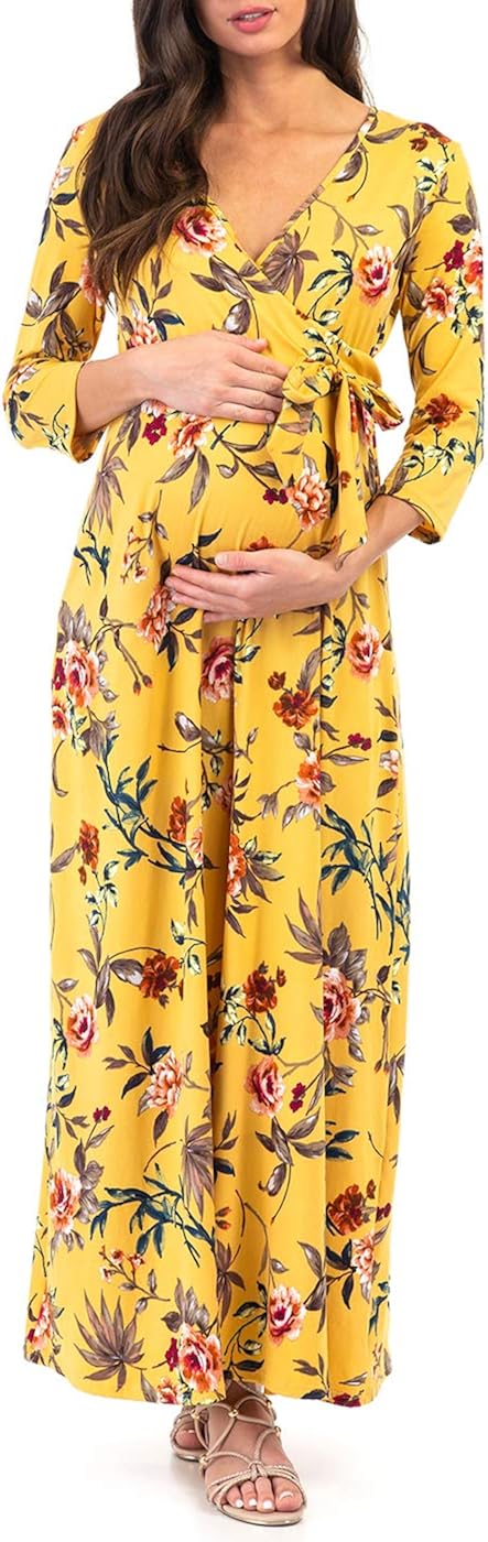 Mother Bee Maternity Faux Wrap Maternity Dress with Adjustable Belt for Baby Shower Or Casual Wear at  Women’s Clothing store