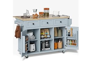 Rovibek Kitchen Island with Drawers 53 in Rolling Island Cart Mobile Portable Islands on Wheels Solid Wood Island with Storage Cabinet & Drawers, Blue