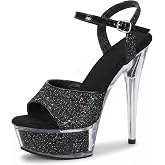 OXNGDMDM Women's Sparkling Platform Stiletto Heeled Sandals with Cross Ankle Buckle Sexy Comfortable Non Slip Round Toe High Heel Pole Dance Sandals for Party Prom