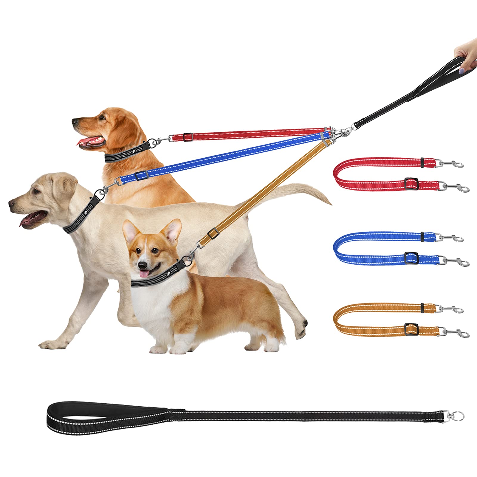 Ideapro 3 Dog Lead, Reflective Detachable 3 Way Dog Leash, Handle Padded, Adjustable, Multi-colored, 60" to 74" for Small & Medium Dogs โ image 1