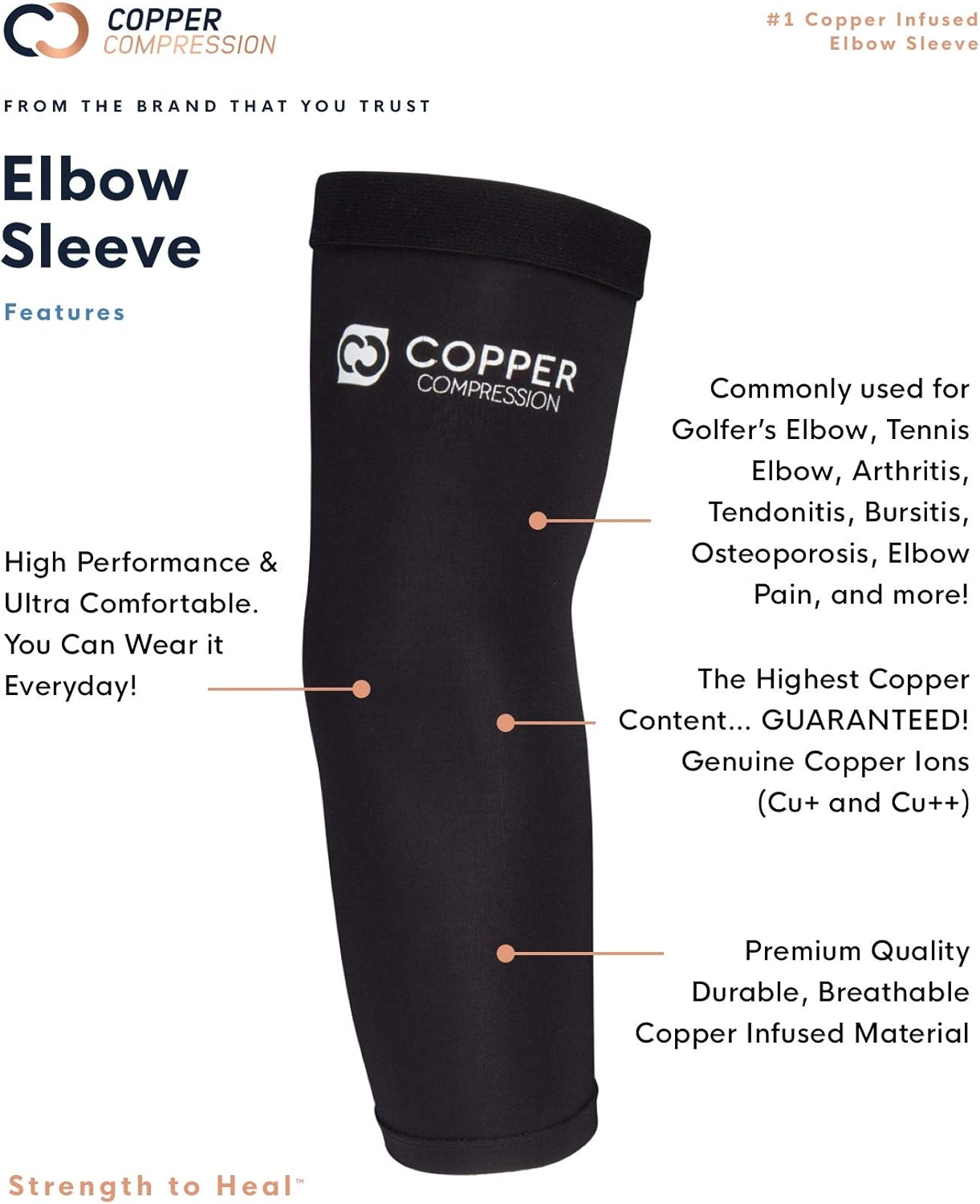 Copper Compression Recovery Elbow Sleeve - Guaranteed Highest Copper Content Elbow Brace for Tendonitis, Golfers or Tennis Elbow, Arthritis. Elbow Support Arm Sleeves Fit for Men and Women (Large): Health & Personal Care