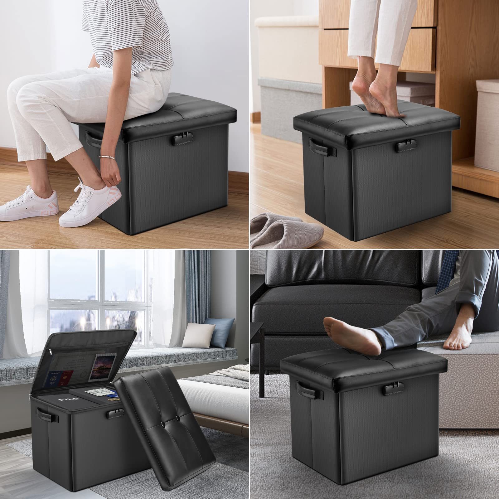 DocSafe Storage Ottoman with Lock,Fireproof Folding Ottoman Foot Rest Stool Storage Chest with Storage Safe for Important Documents,Waterproof 17 Inches Short Ottoman Foot Stool with Handles,Black - Image 2