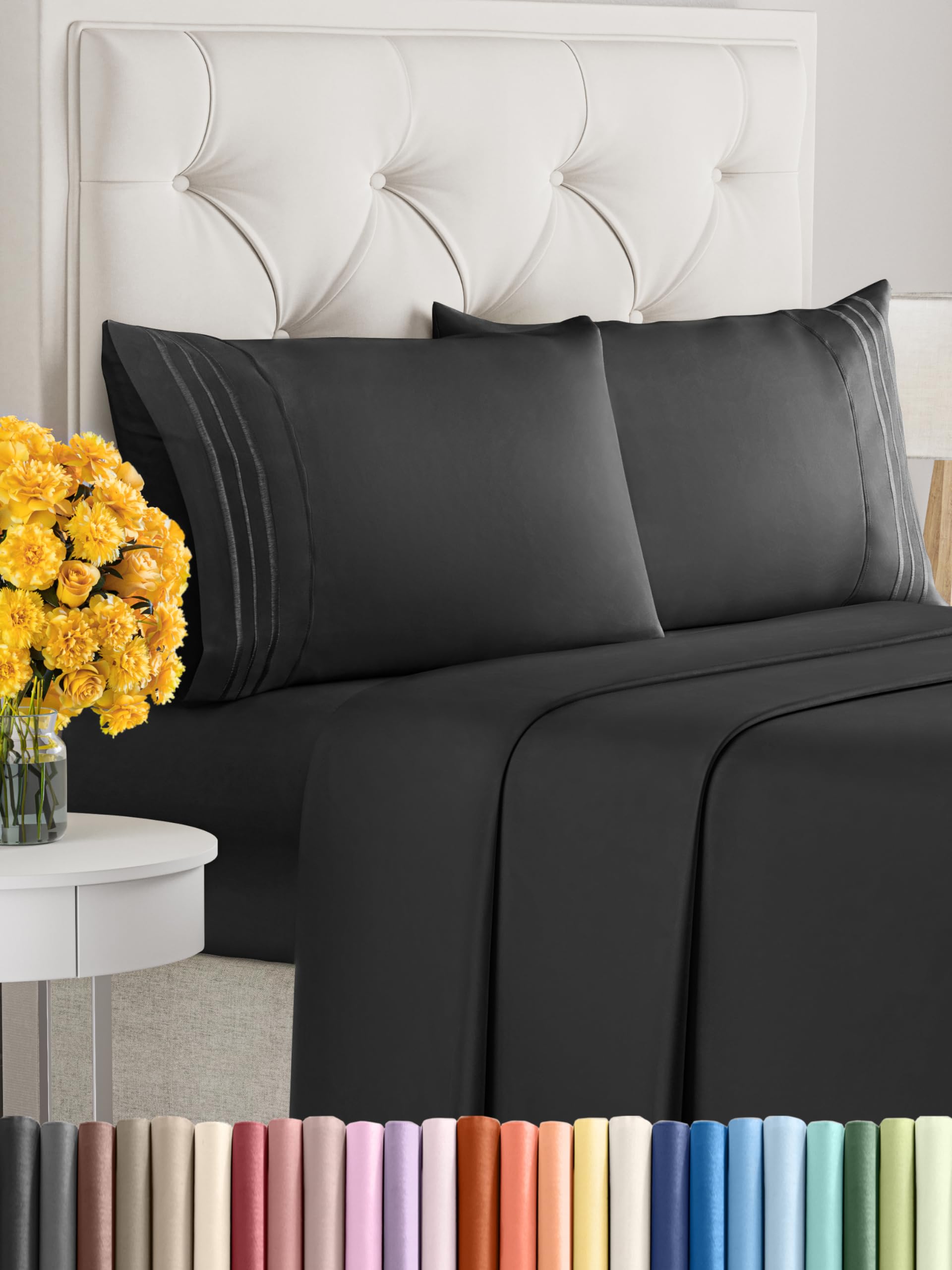 King Size 4 Piece Sheet Set - Comfy Breathable & Cooling Bed Sheets Set - Hotel Luxury Bedding for Women, Men, Kids, Teens, Boys & Girls - Deep Pockets, Ultra-Soft and Wrinkle Free - Oeko-Tex - Black