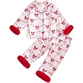 Kuriozud Toddler Kids Little Girls Christmas Satin Pajamas Green Feather Trim Sleeve Button Down Sleepwear Xmas Matching Pjs