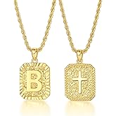 ASUWISH Gold Initial Necklaces for Men and Women, 18K Gold Plated Letter A-Z Cross Pendant with Adjustable Rope Chain, Letter Necklace for Women and Men