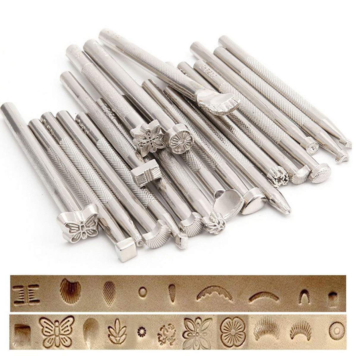 Techson 20PCS Leather Stamping Tools, Different Shape Saddle Making Stamp Punch Set, Manual Carved Embossing Hammer Kit