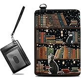 BWEGRHE Small Travel Wallets, Cat Library Slim Minimalist Front Pocket Wallet with Wristlet, RFID Blocking PU Leather Credit Card Holder with ID Window Change Purse for Men Women
