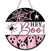 Deroro Halloween Hey Boo Sign for Front Door Decor, Spooky Pink Ghost | Spider Web Wood Door Hanger for Outdoor Outside Porch, Funny Holiday Wooden Wreath Indoor Wall Hanging Decoration