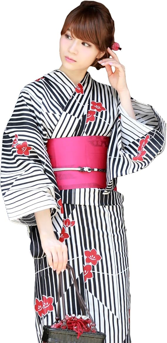 Amazon 浴衣 女 セット 生成り地に黒縞と赤桔梗 高級変わり織り綿浴衣3点セット レディース 帯 下駄 浴衣 通販