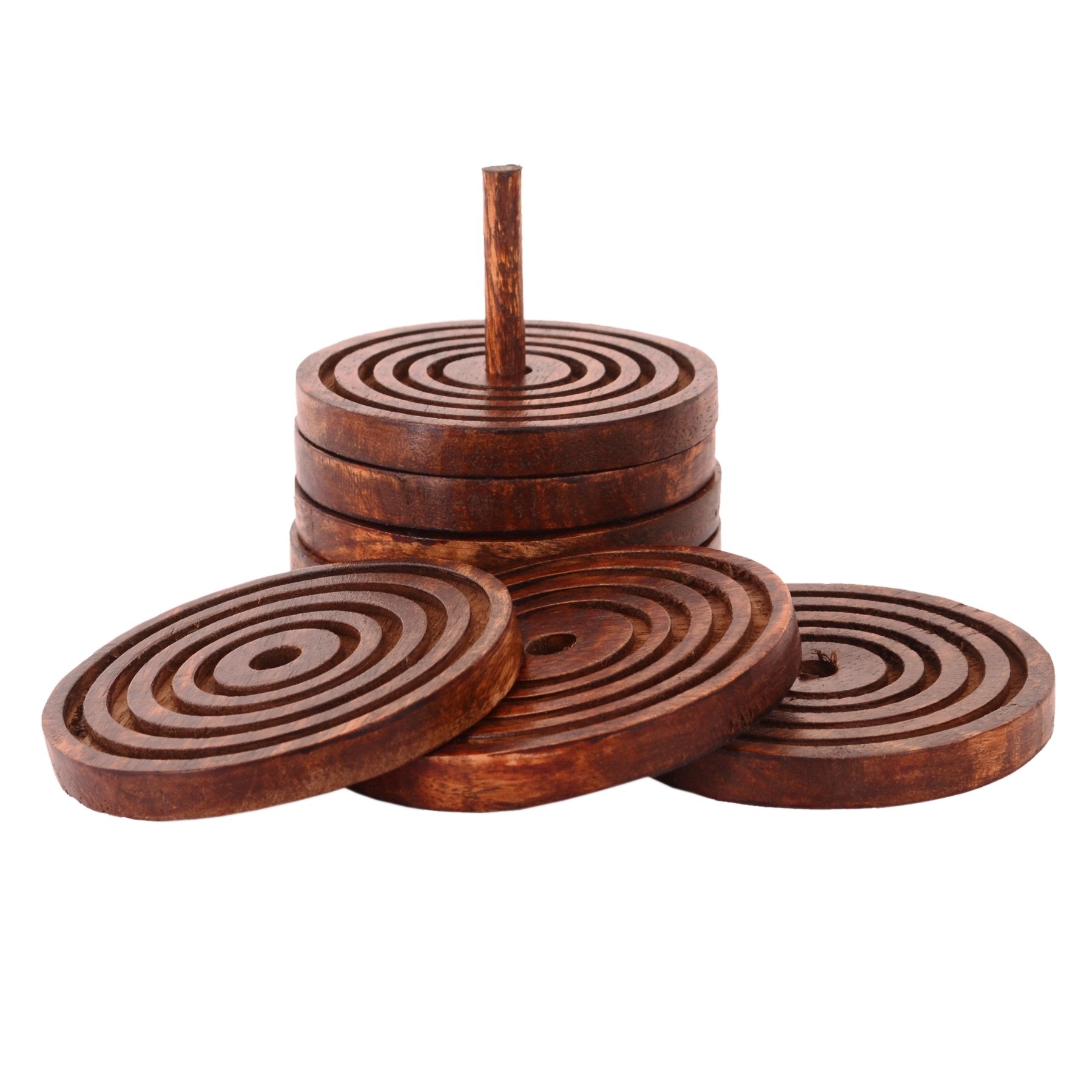 Purpledip Wooden Coasters 'Tower Of Hanoi' Set of 6: Unique Dining Accessory, Housewarming Gift (11072)