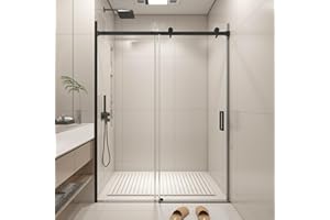 KPUY Frameless Shower Door, 56-60" W x 76" H Sliding Glass Shower Door, 1/4" (6mm) Thick Tempered Clear Glass with Explosion-Proof Film Nano Coating in Matte Black Finish