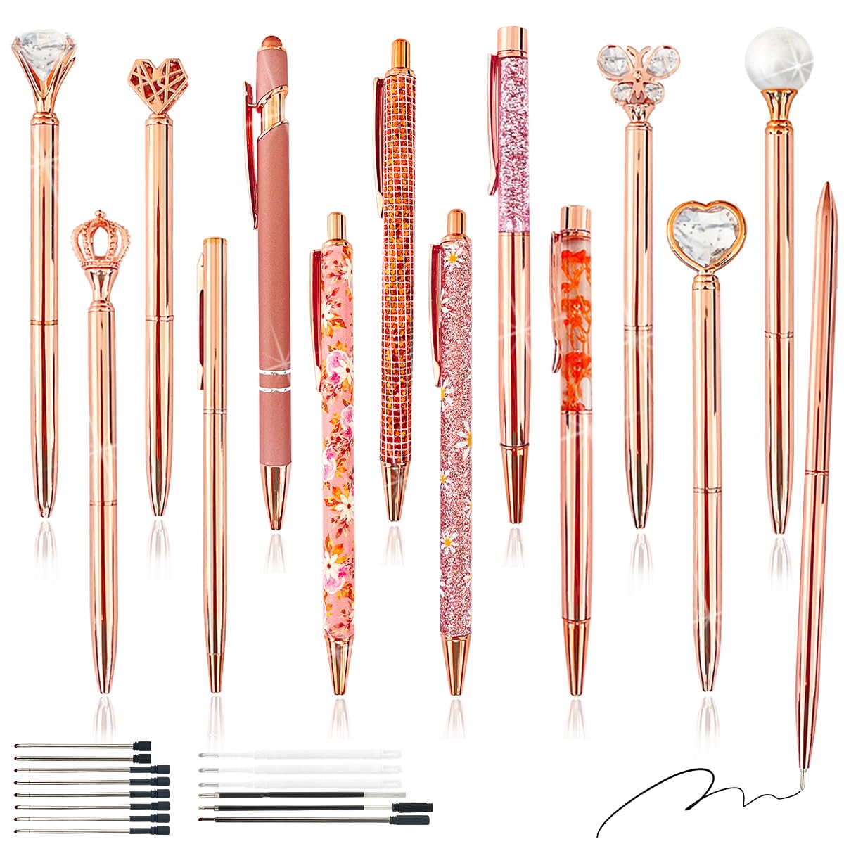 XingyLi 28Pcs Rose Gold Pen Crystal Diamond Ballpoint Pens Set, 14 Retractable Bling Glitter Metal Crown Ball Point Pens with 14 Black Ink Refills, Liquid Sand Pretty Pens, Creative Fancy Gifts