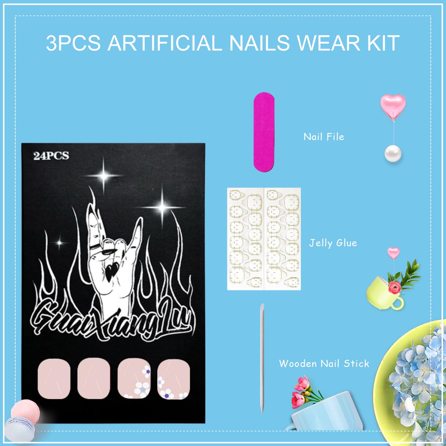 Tyuimhx White French Tip Press on Nails Short Square Fake Nails White Flowers False Nails Glossy Full Cover Stick on Nails Acrylic Floral Artificial Nails for Women Glue on Nails 24 Pcs - Image 6