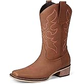 Bybmorto Cowboy Boots for Women Square Toe - Mid Calf Western Cowgirl Boots with Embroidery, Pull On Low Chunky Heel Fashion Footwear for Daily Casual Party Country Concert Rodeo
