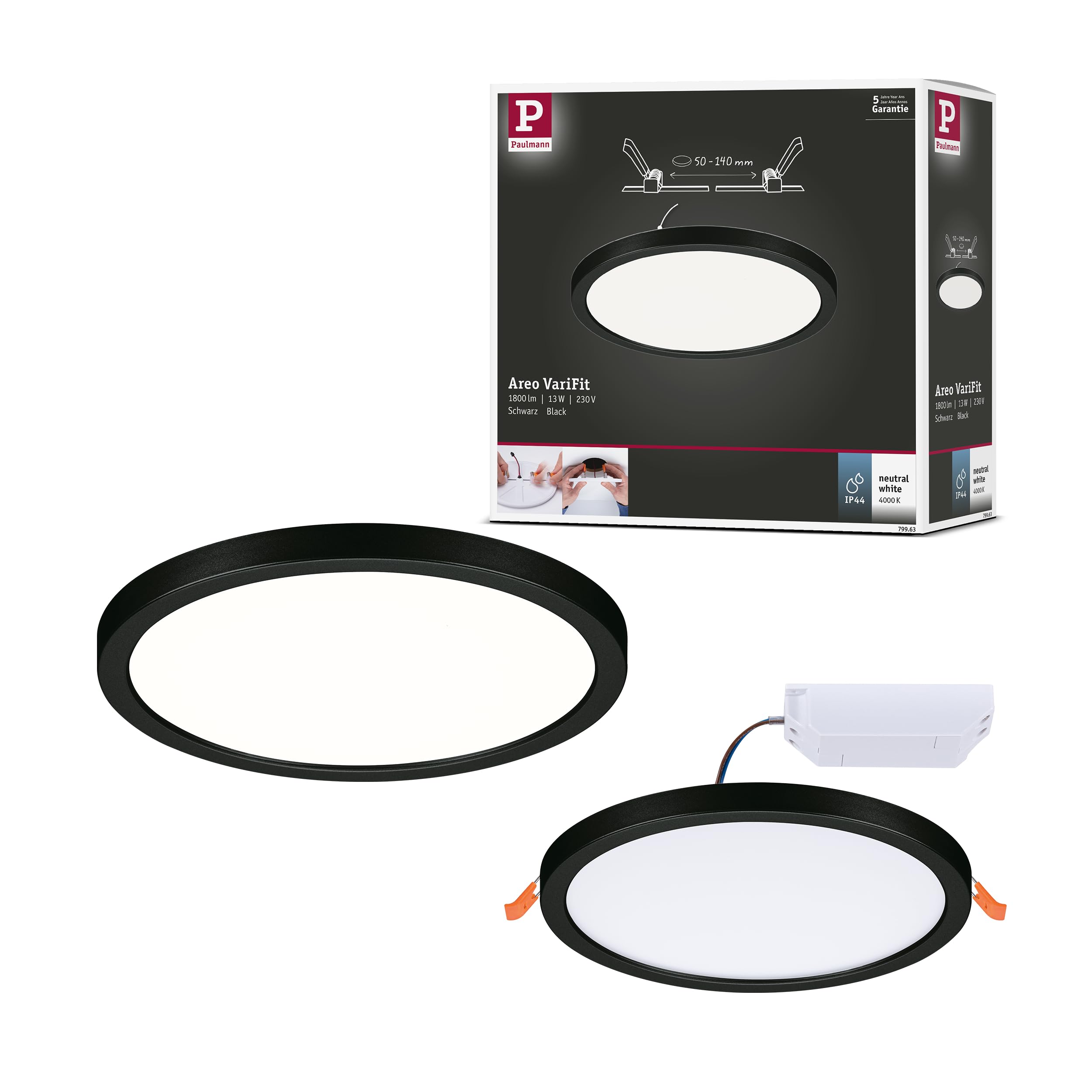 Paulmann 79963 recessed LED panel Areo IP44 175mm round incl. 1x13W Warm white Black Plastic Lighting system 3000K