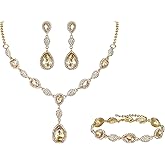 EleQueen Women's Wedding Bridal Jewelry Sets for Brides Bridesmaids, Cubic Zirconia Teardrop Necklace Tennis Bracelet Dangle Earrings Jewellery Set
