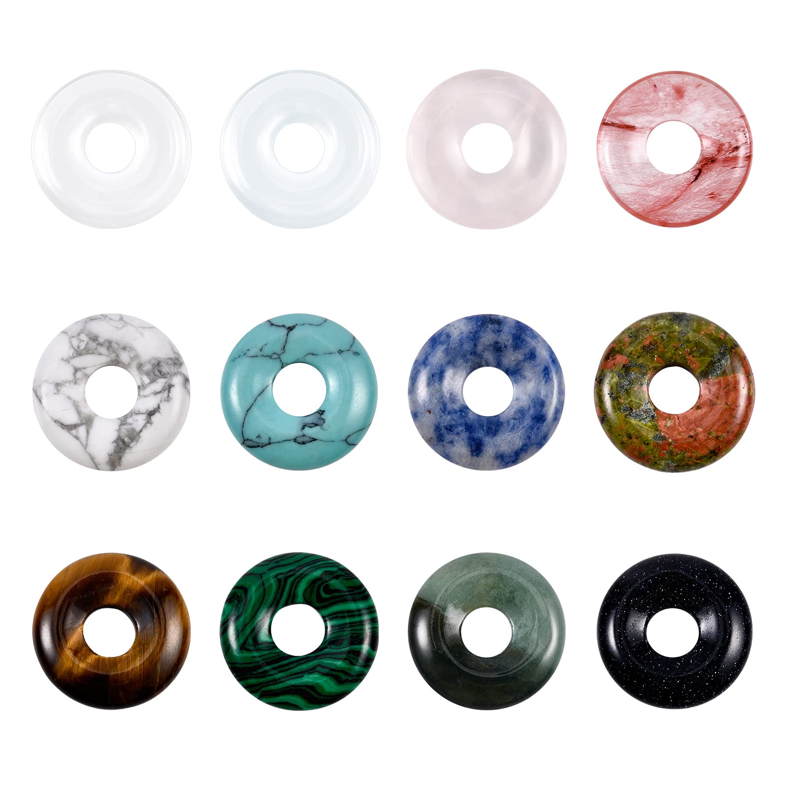 BENECREAT 12Pcs Donut Disc Natural Stone Pendants 12 Mixed Color Gemstone Donut Charms Flat Round Donut Stone Beads(18x4.5mm) Hole: 5.5mm Pendants for Jewelry Making