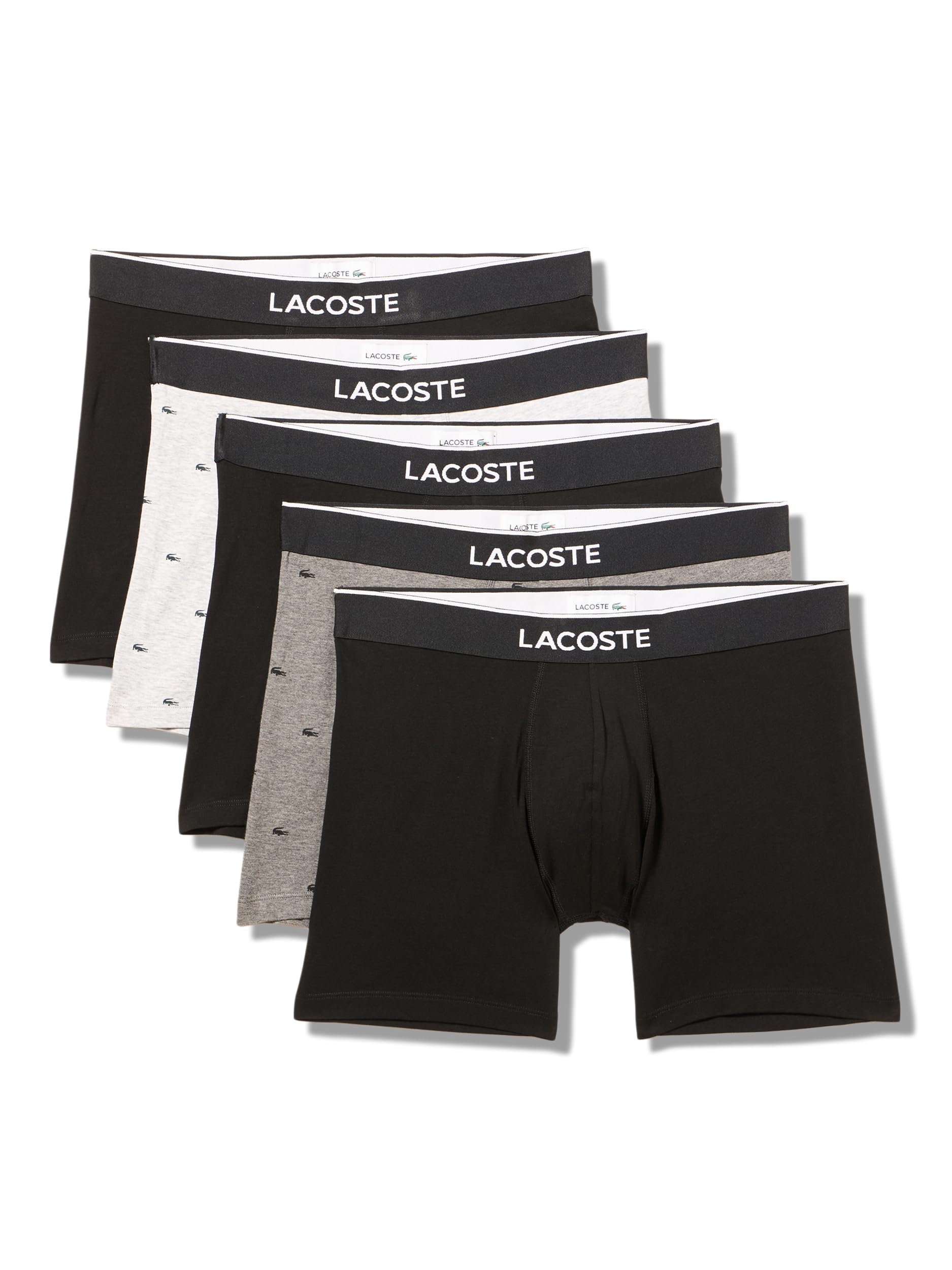 Lacoste Men’s Cotton Stretch Mini Croc Print Boxer Briefs, 5-pack (Amazon Exclusives), Black/Pitch Chine/Silver, XX-Large