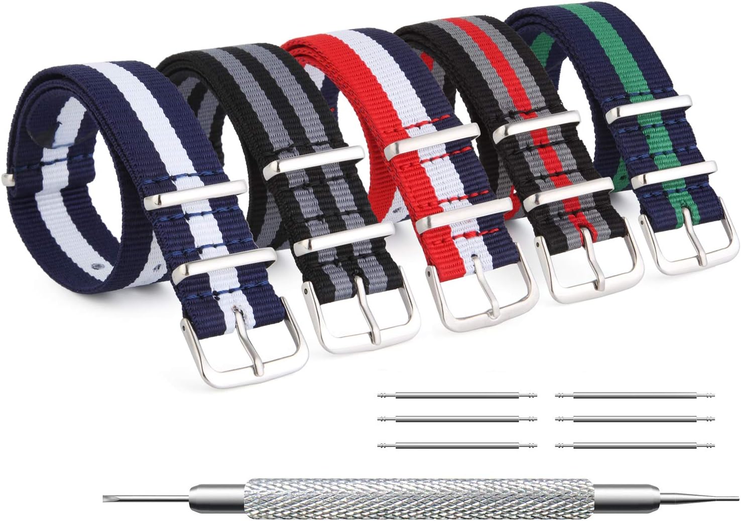 ZHUGE Unisex Nylon Watchbands 5 Pieces Replacement Nylon Watch Straps Stainless Steel Buckle Strap