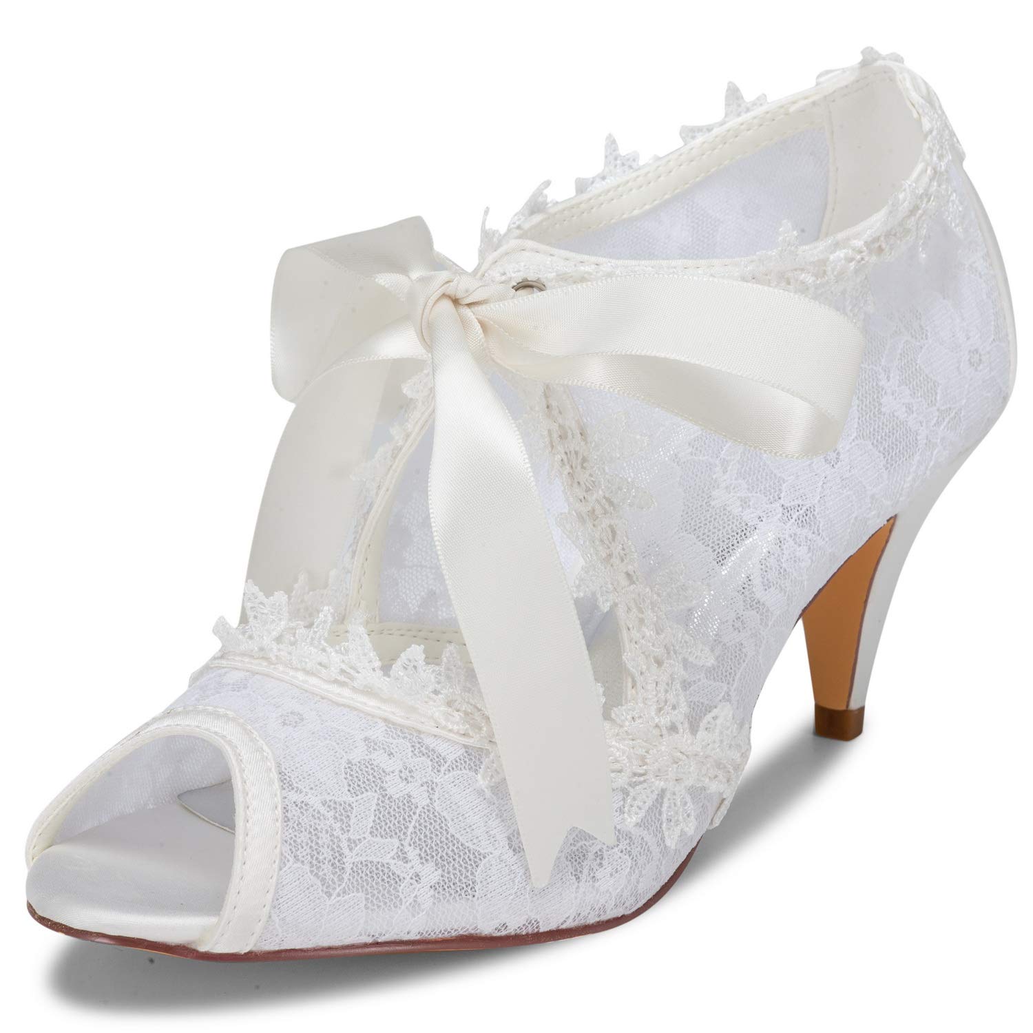 JIAJIA Women's Bridal Shoes 5949419 Peep Toe 2.6" Cone Heel Lace Satin Pumps Ribbon Tie Wedding Shoes