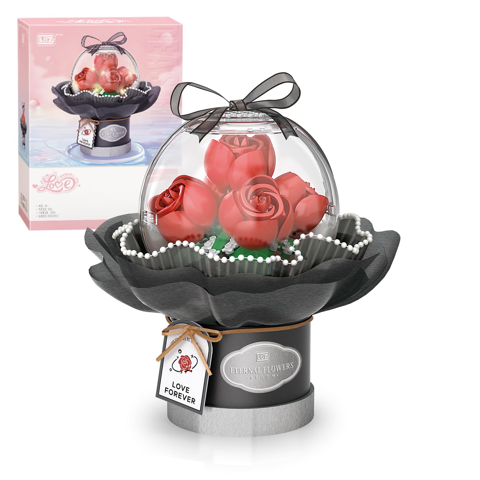 MEIEST Flower Bouquet Building Blocks Set,Simulation Artificial Flower with Dust-Proof Dome for Valentine's Day,Bonsai Plant Building Bricks Toys & Home Decor (Red Rose)
