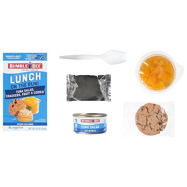 BUMBLE BEE LUNCH ON THE RUN TUNA SALAD WITH CRACKERS KIT, 8.2 OZ – READY TO EAT, INCLUDES CRACKERS, COOKIE & PEACHES – WILD CAUGHT TUNA – SHELF STABLE & CONVENIENT SOURCE OF PROTEIN, EASY OPEN CAN