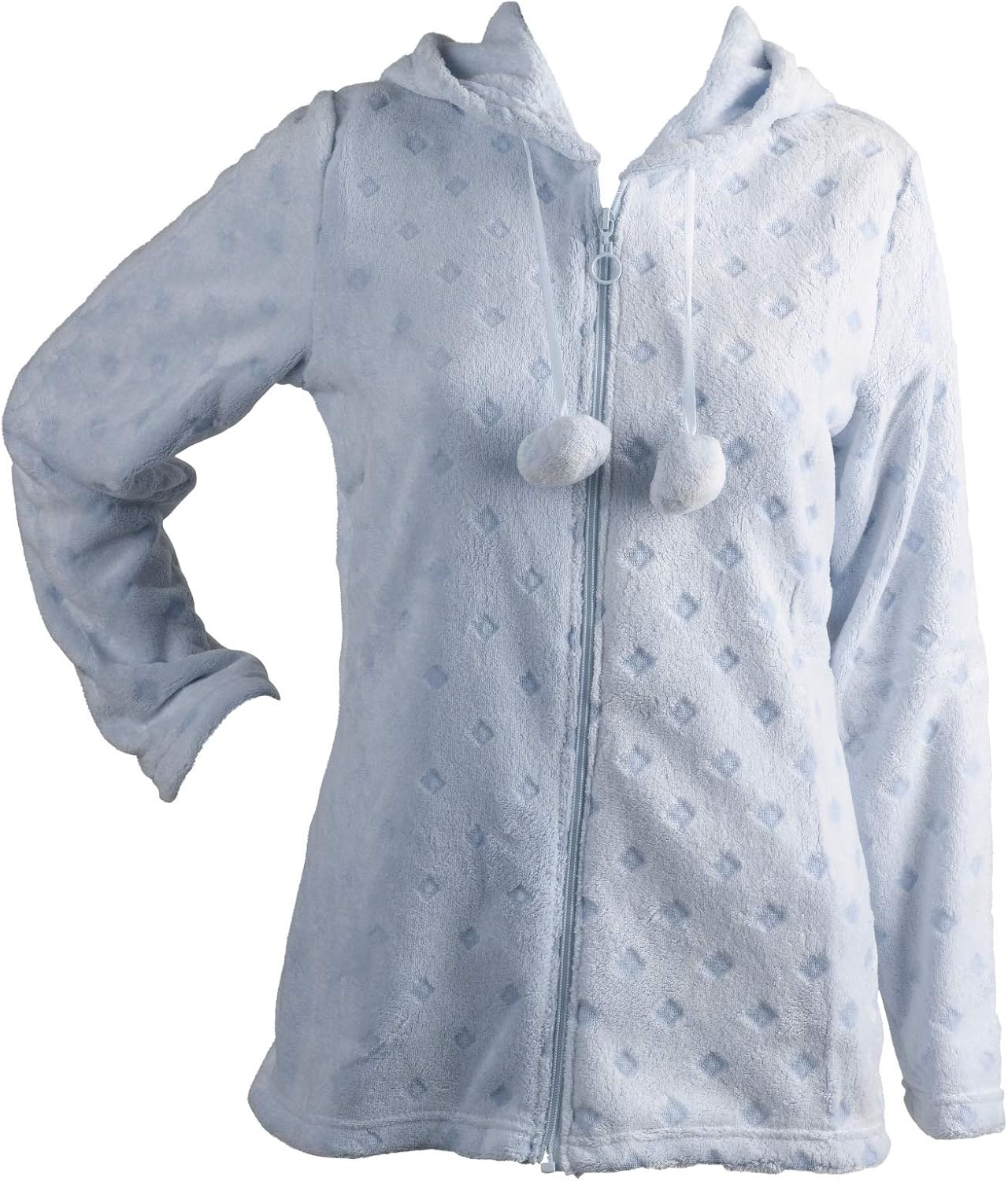 Waite Ltd Ladies Zip Up Soft Fleece Bed Jacket Hooded Diamond Pattern Housecoat with Pom Pom