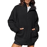 LASLULU Womens Full Zip Fleece Long Jacket Sherpa Oversized Sweatshirts Stand Collar Winter Coat Warm Sweater