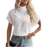 SHENHE Women's Floral Embroidered Short Sleeve Boho Blouse Mock Neck Eyelet Top Shirt