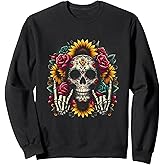 Skull Flowers On Rocker Sunflower Sugar Skull Rock Halloween Sweatshirt