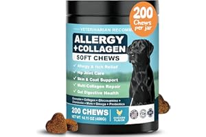 BFDEREN Dog Allergy Chews Collagen Omega 3 is Human Multivitamin Anti Itch Relief for Dogs Itching Skin Relief and Aller Immune Pet Allergy Chews Coat Licking Supplement Pills Meds Treats 200 Bites for Dogs