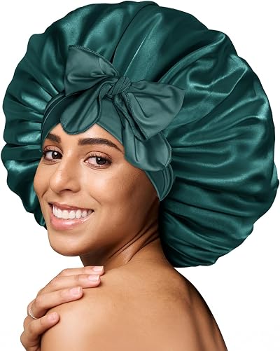 BONNET QUEEN Silk Bonnet for Sleeping Curly Hair Adjustable Dark Green Medium