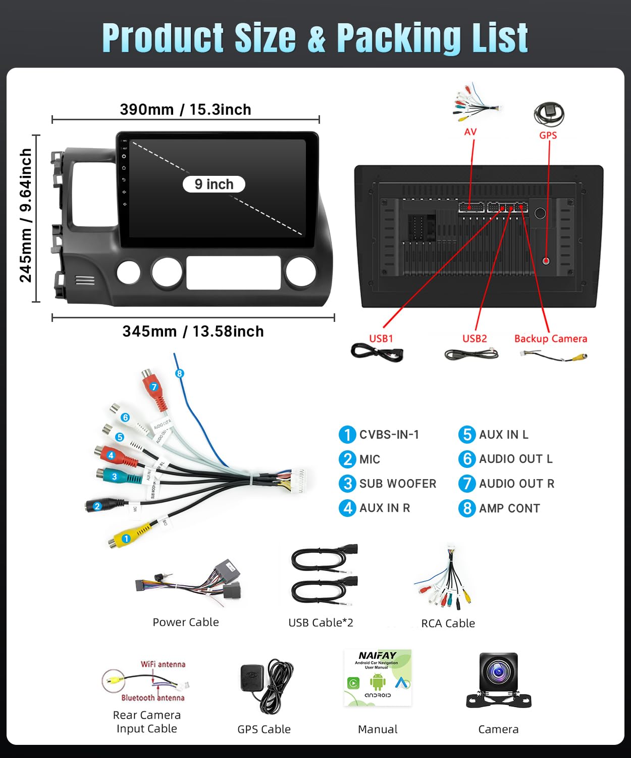 Naifay Android Car Radio for Honda Civic 2006 2007 2008 2009 2010 2011 with Wireless CarPlay Android Auto, 2+32G 10.1inch IPS Touch Screen Car Stereo Bluetooth FM GPS Navigation WiFi SWC Split Screen